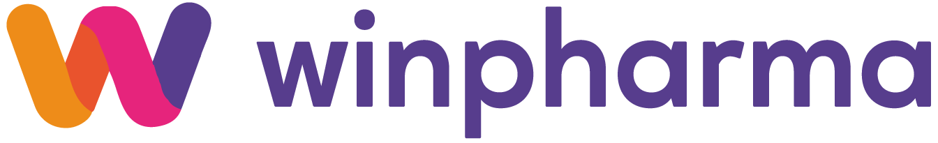 le logo winpharma écrit en violet rose et orange sous fond blanc proxyphar