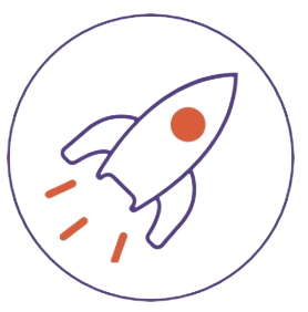 Une fusée violet et orange dans un cercle qui représente le module Winautopilote de Winpharma 